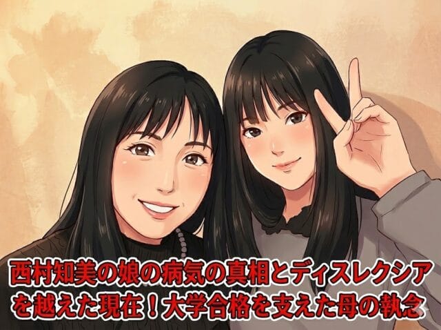西村知美と娘・咲々（ささ）のイラスト。病気の噂を乗り越え、母の支えで大学合格を勝ち取った親子愛のイメージ