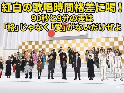 紅白歌合戦の歌唱時間格差に喝！90秒と9分の差を描いたアニメ風アイキャッチ画像